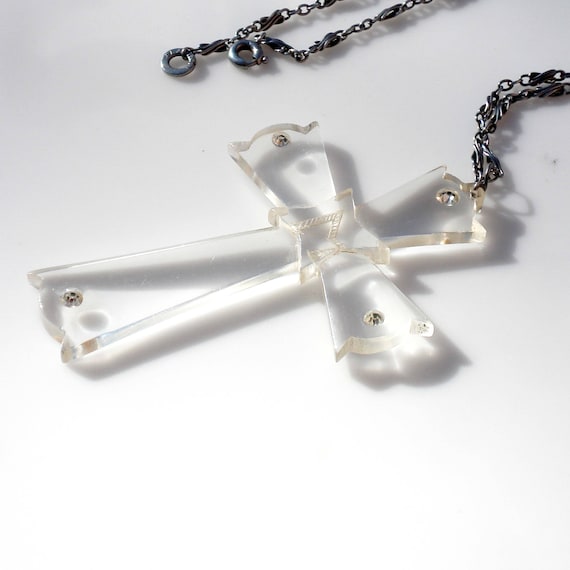 Art Deco Lucite Cross & Antique Platinon Chain - image 1