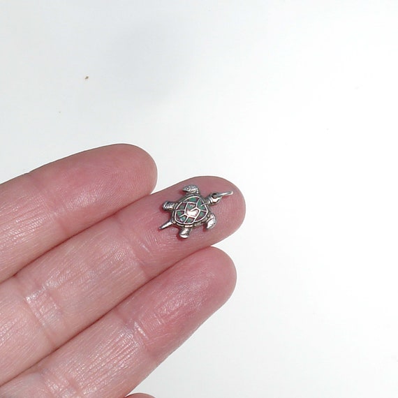 Vintage Sterling Silver Turtle Charm - Green & Li… - image 7