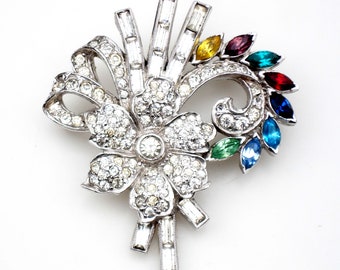 Art Deco Rhodium Silver Floral Spay Pendant or Brooch, Cut Glass Stones