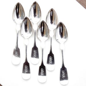 Set of James Watts Antique Coin Silver Fiddle Handle Teaspoons - Monogram SMR