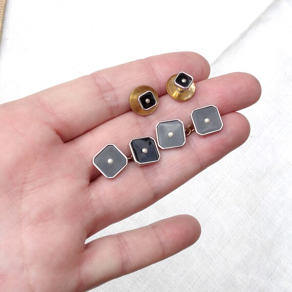 Antique Set Tuxedo Cufflink & Buttons - Black Ena… - image 6