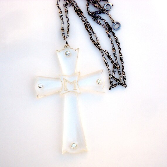 Art Deco Lucite Cross & Antique Platinon Chain - image 3