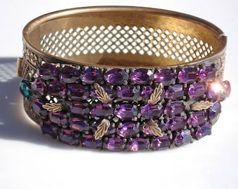 Gilt Clamper Bangle Bracelet | Purple Stones - 1930s