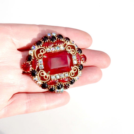 Vintage Mid Century Glam Large Brooch - Red Stone… - image 4