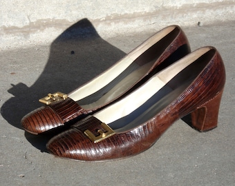 Vintage Dominic Romano Brown Reptile Pumps - 1960s, Size 7 1/2 2A