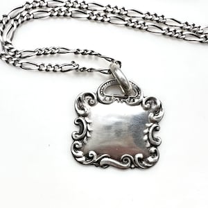 Victorian Style Sterling Luggage Tag Pendant Necklace, 18.5 Inch Italian Silver Figaro Chain