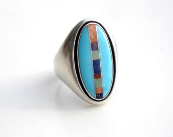 Large Sterling Silver Ring - Turquoise & Inlay, Relios - Size 10