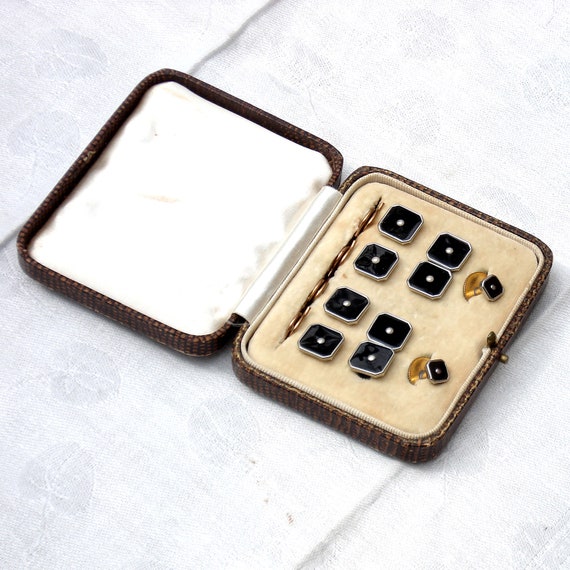 Antique Set Tuxedo Cufflink & Buttons - Black Ena… - image 1