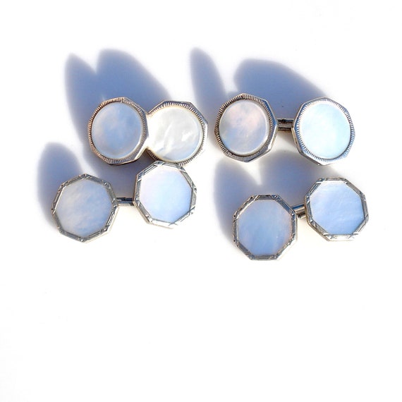 2 Pairs of Art Deco Cufflinks - Chrome & Mother o… - image 1