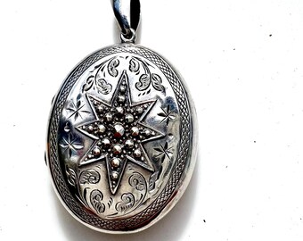 Antique Large Sterling Silver Locket with Eight Pointed Star - Lion Mark, Makers Mark of A&L