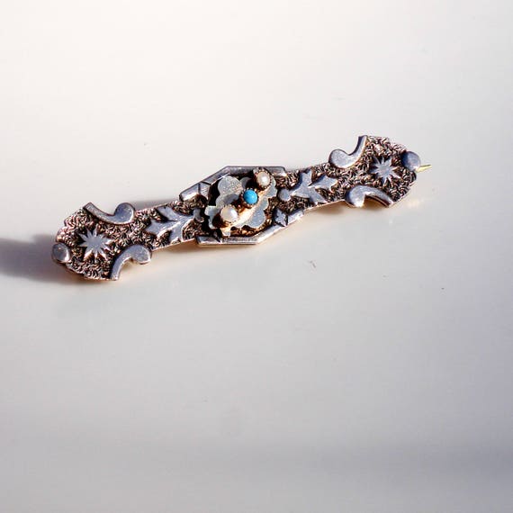 Victorian 10k Gold Bar Brooch - Turquoise & Seed … - image 3