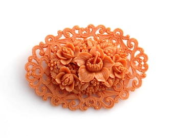 Vintage Faux Coral Molded Celluloid Floral Brooch