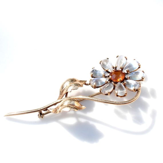Art Deco Era 14k Gold Moonstone Flower Brooch