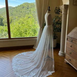 Removable Lace Flower Wedding Dress Train: Bridal Overskirt, Detachable Tulle - 90&quot;