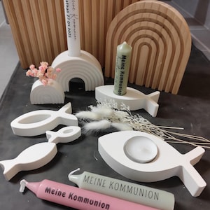 Kommunion Geschenk / Konfirmation / Firmung Taufe Gastgeschenk / Danke / personalisiert Fisch / Kerze / Regenbogen Kerzenständer Tischdeko