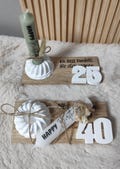 Birthday gift, birthday present, gift set, candle, cake, Happy Birthday, confetti, Bundt cake, candle holder, numbers 18, 20, 30, 40, 50