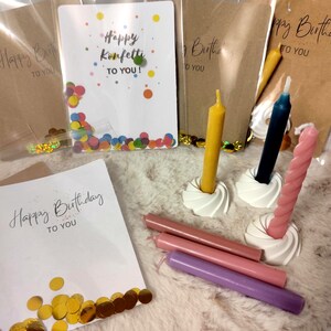 Geburtstag Geschenk Pustekuchen Karte Kuchen Gugelhupf to go Kerze Happy Konfetti Birthday Persönlich Mitbringsel Kleinigkeit Keramik Raysin