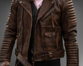 Men Brown Distressed Slim Fit Style Biker Real Leather Jacket