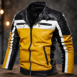 May include: A color-blocked jacket featuring a black, white, and mustard yellow design. The jacket has a stand-up collar, a front zipper closure, two zippered chest pockets, and two lower zippered pockets. The sleeves have quilted shoulder panels.