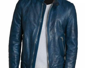Blue Real Leather Jacket for Men