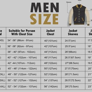 May include: A chart showing men's jacket sizes with corresponding chest measurements in inches and centimeters. The chart also includes sleeve and shoulder measurements in inches and centimeters.