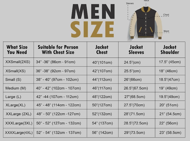 May include: A chart showing men's jacket sizes with corresponding chest measurements in inches and centimeters. The chart also includes sleeve and shoulder measurements in inches and centimeters.