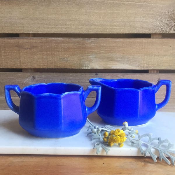 Vintage 1950's Cream and Sugar Set by USA Pottery Cobalt Blue