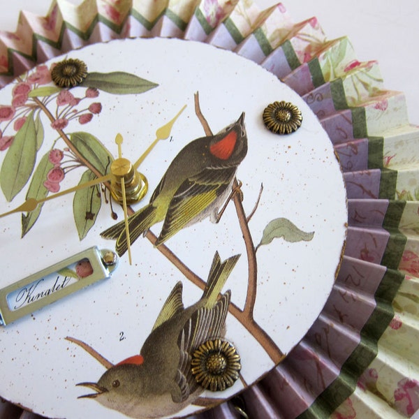 RESERVED for Kathy Shabby Chic Cottage Audubon Bird  Paper Medallion Wall Clock Cedar Green Lavender Pink