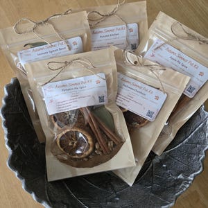 May include: Four clear pouches labeled Autumn Simmer Pot Kit containing dried orange slices, cinnamon sticks, and bay leaves, tied with twine. The pouches are arranged in a dark gray, leaf-shaped decorative bowl on a wooden surface.