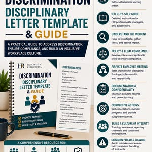 Op de afbeelding: Een digitale bron getiteld Discrimination Disciplinary Letter Template & Guide van Humanistic Resources. Het document bevat een bewerkbaar sjabloon, een stapsgewijze handleiding en secties over beleidsnaleving, documentatie en corrigerende maatregelen.