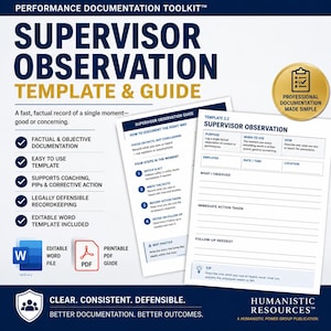 Puede incluir: Un kit de herramientas de documentación de rendimiento con una plantilla y guía de observación para supervisores. El documento incluye secciones para detalles del empleado, observaciones y acciones. Incluye un archivo Word y un PDF.