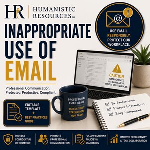 May include: A professional training graphic titled Inappropriate Use of Email featuring a dark blue mug with text, a laptop displaying a caution message, a notepad with a checklist, and a pen. The design includes icons and text about email policy.