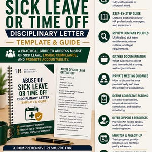 May include: A spiral-bound document titled Abuse of Sick Leave or Time Off Disciplinary Letter Template & Guide, featuring a dark green and white color scheme, a black pen, and a list of included resources for HR professionals and managers.