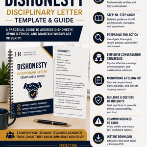 May include: A Dishonesty Disciplinary Letter Template & Guide document with a spiral-bound cover and a printed letter page. The text includes headings like What's Included, Editable Warning Letter Template, and Step-by-Step Guide for HR professionals.