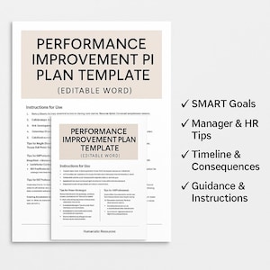 May include: A white document with the title "PERFORMANCE IMPROVEMENT PI PLAN TEMPLATE" and the text "(EDITABLE WORD)". It features instructions, tips, and a smaller template version. Bullet points highlight "SMART Goals" and "Manager & HR Tips".
