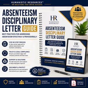 May include: A spiral-bound Absenteeism Disciplinary Letter Guide with a matching digital tablet display, a black pen, and text detailing HR solutions, step-by-step processes, policy compliance, and documentation practices for professional workplace management.