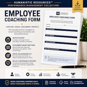 Könnte beinhalten: Ein weißes Mitarbeiter-Coaching-Formular mit dunkelblauem Text und Überschriften. Das Dokument enthält Abschnitte für Mitarbeiter, Manager, Datum, besprochene Themen, Beobachtungen, Notizen und nächste Schritte, ergänzt durch einen schwarz-goldenen Stift.