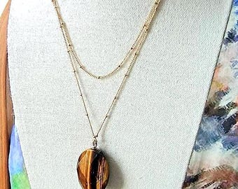 Tiger’s Eye Pendant Necklace – Faceted Oval Amulet, Long Goldtone Chain, Vintage 70s Statement
