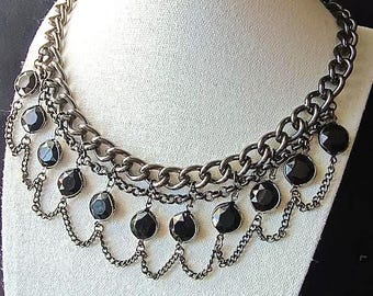 Victorian Goth Robert Rose Bib—Gunmetal Faceted Onyx-Look Statement Choker