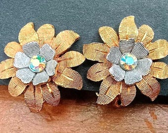 1950s KRAMER Two-tone Flower Clips--Etched Coppery Goldtone Silvertone AB Rhinestone--Mid Century Vintage Earrings