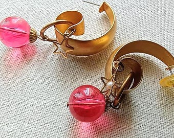 Ribbon Arc Dangle Earrings--Pink Coral Acrylic Drop--Brushed Goldtone with Star Charms--Spacecore