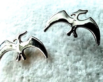 Pteradactyl Earrings--Silvertone Pierced Post--Dinosaur Lover Gift--Vintage Find