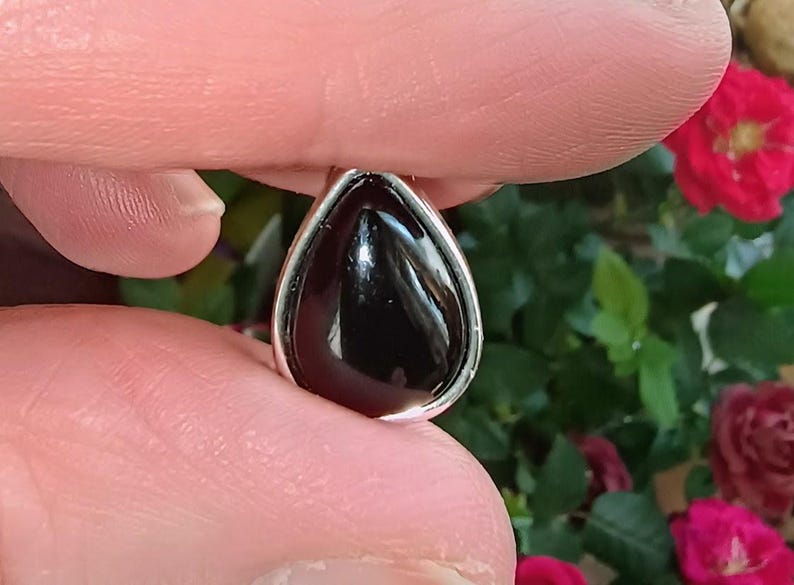 以下が含まれることがあります： 銀色のベゼルが付いた、涙の形をした黒色の研磨された宝石のペンダント。 宝石は指の間に挟まれ、緑の葉と赤い花の背景があります。