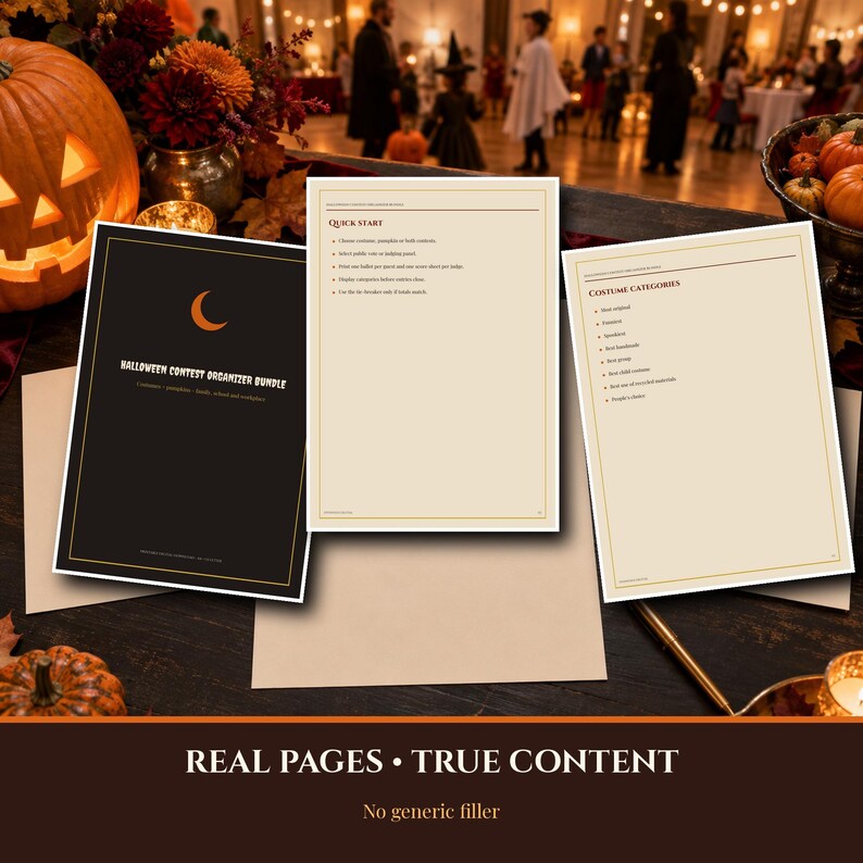 Organizador de Concurso de Halloween 2026-2027 para Imprimir, Cédulas de Votação para Fantasias e Esculturas de Abóbora, Folhas de Avaliação, Certificados de Premiação, Download Imediato imagem 2