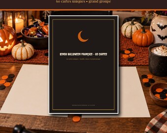 Printbare Halloween Bingo 2026 in het Frans, 60 unieke kaarten, spel voor familie/klas/grote groepen, oproepkaarten PDF A4 Letter