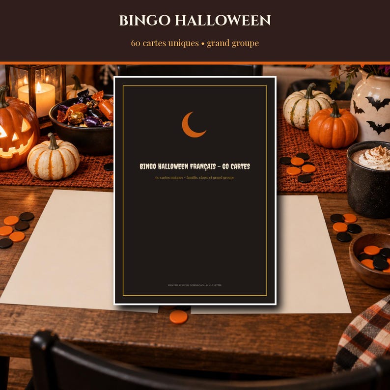 Bingo de Halloween 2026 para imprimir em francês, 60 cartelas exclusivas, jogo para família/sala de aula/grupos grandes, cartelas de chamada em PDF, formato A4/Carta imagem 1
