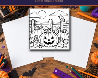 Halloween kleurplaten voor kinderen van 6-8 jaar om te printen, 9 scènes: Heks, Spoken, Kasteel, Skelet (PDF, A4, Letter)