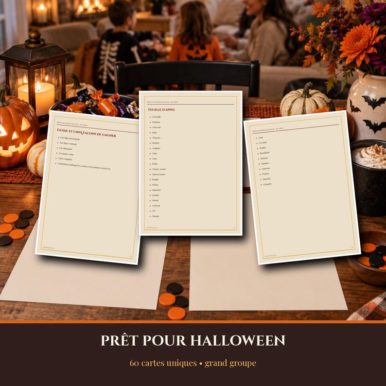 Bingo de Halloween 2026 para imprimir em francês, 60 cartelas exclusivas, jogo para família/sala de aula/grupos grandes, cartelas de chamada em PDF, formato A4/Carta imagem 7