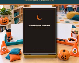Printbare lesstations voor Halloween 2026-2027, 5 zelfstandige activiteiten van 10 minuten, roulerende spelletjes voor de basisschool (PDF)