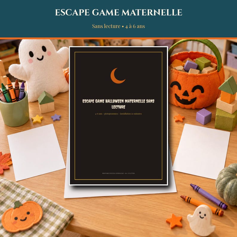 Gra ucieczki Halloween 2026 dla przedszkolaków – do druku, nie wymaga czytania, gra dla dzieci w wieku 4-6 lat – piktogramy, kolory, kształty, plik PDF do domu i klasy zdjęcie 1
